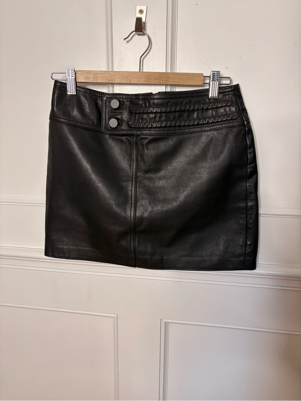 Blink Black genuine Leather Mini Skirt with Double Button Waist